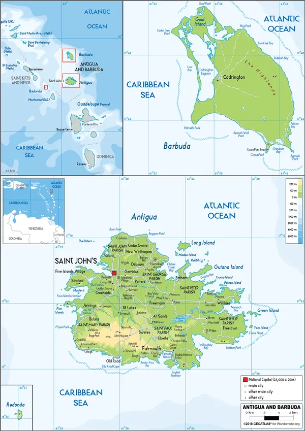 PHYSICAL Map of Antigua and Barbuda
