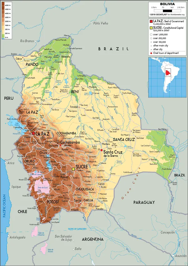 PHYSICAL Map of Bolivia