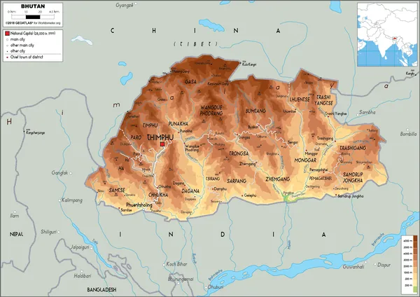 PHYSICAL Map of Bhutan