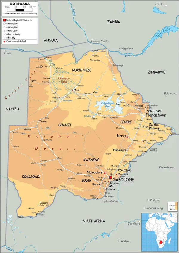 PHYSICAL Map of Botswana