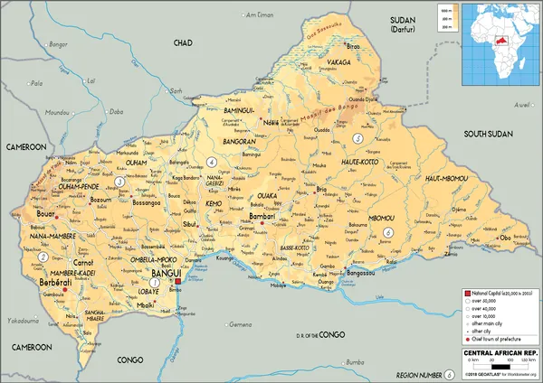 PHYSICAL Map of the Central African Republic