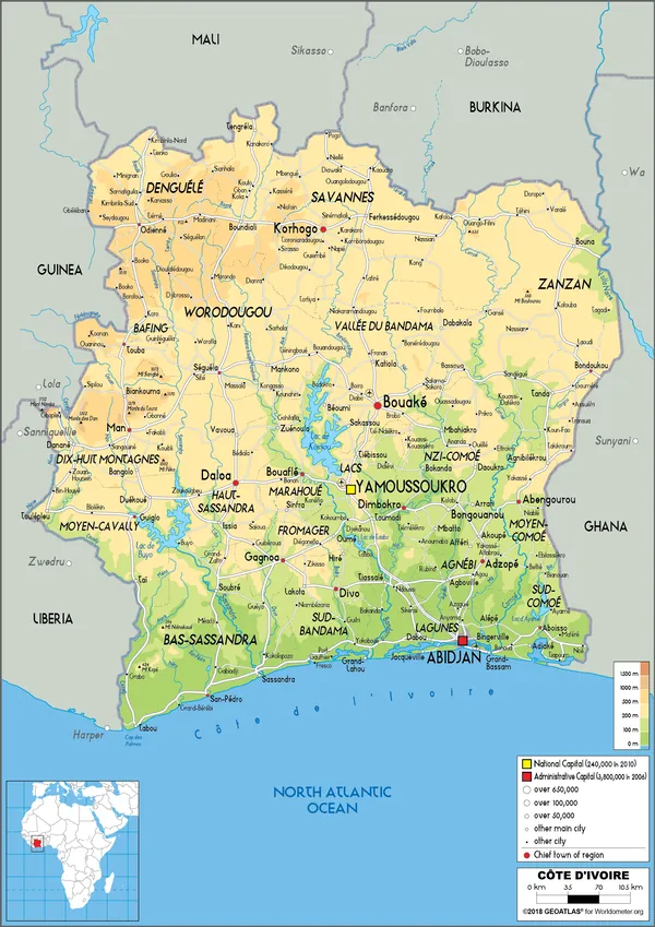 PHYSICAL Map of Côte d'Ivoire