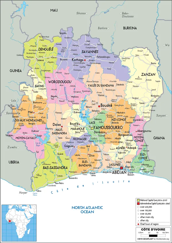 POLITICAL Map of Côte d'Ivoire
