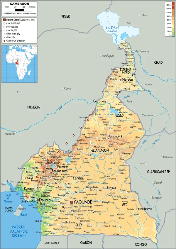 PHYSICAL Map of Cameroon