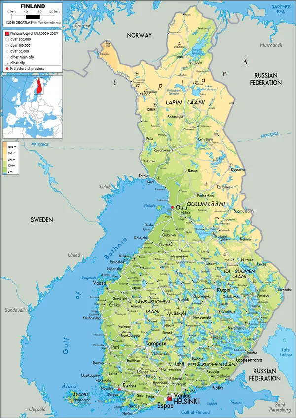 PHYSICAL Map of Finland