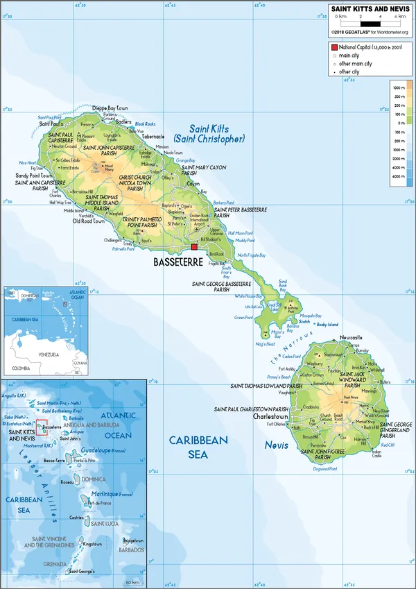PHYSICAL Map of Saint Kitts and Nevis