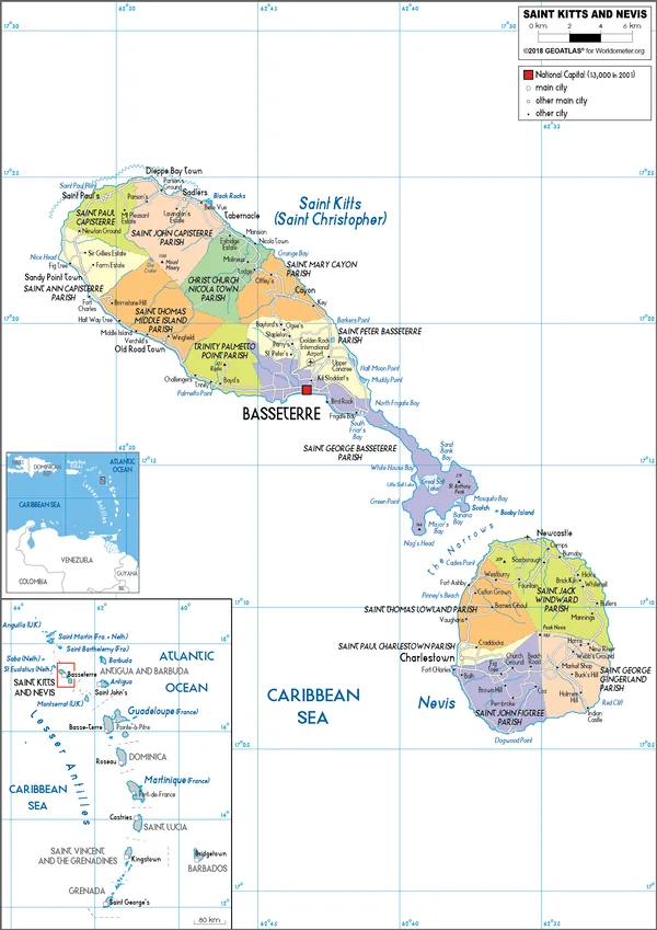 POLITICAL Map of Saint Kitts and Nevis