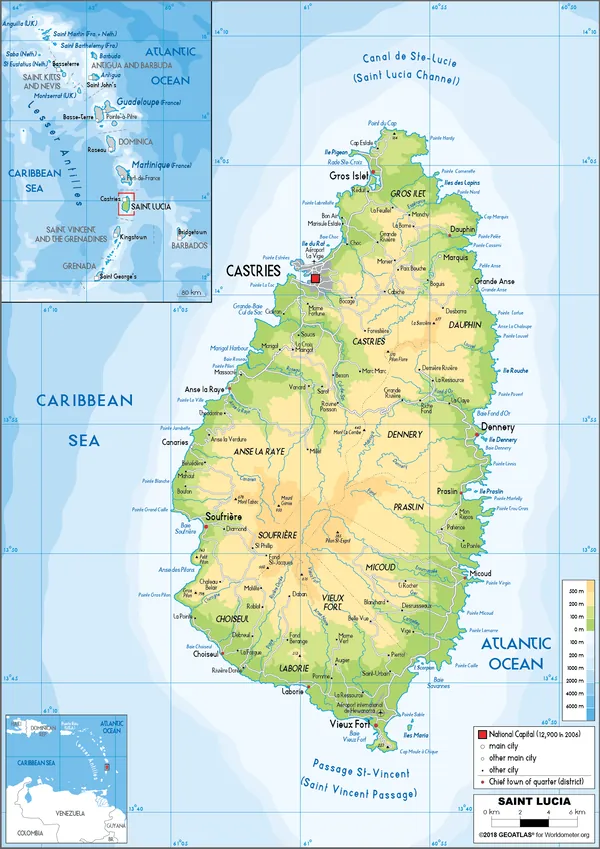 PHYSICAL Map of Saint Lucia