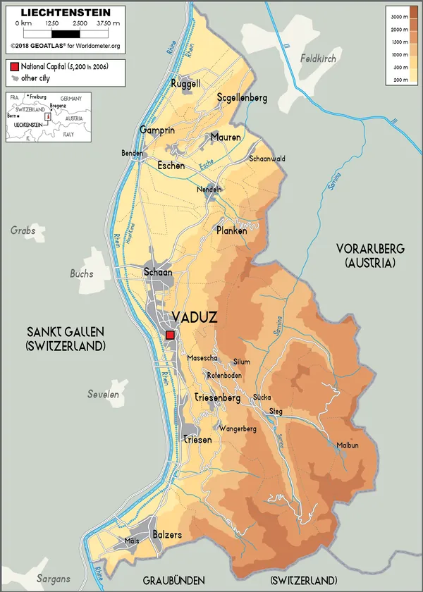 PHYSICAL Map of Liechtenstein
