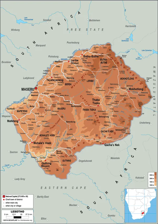 PHYSICAL Map of Lesotho