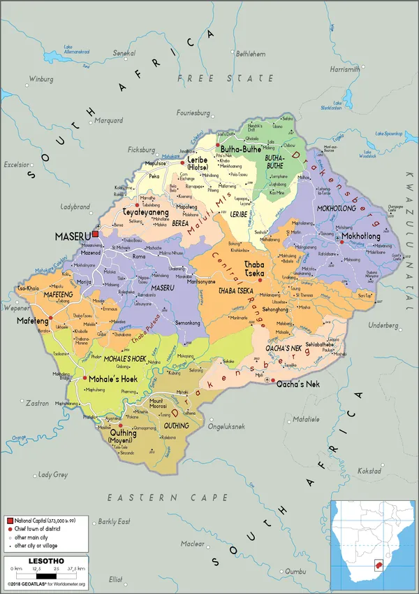 POLITICAL Map of Lesotho