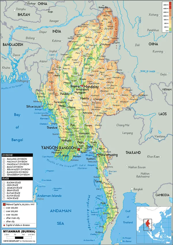 PHYSICAL Map of Myanmar