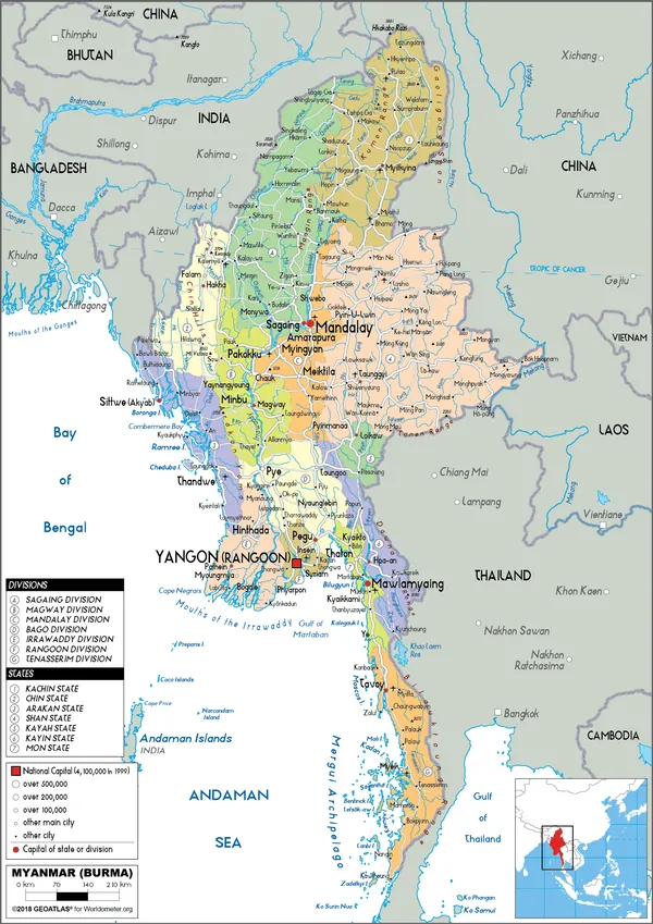 POLITICAL Map of Myanmar
