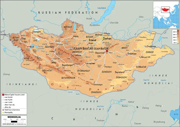 PHYSICAL Map of Mongolia