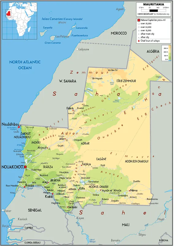 PHYSICAL Map of Mauritania