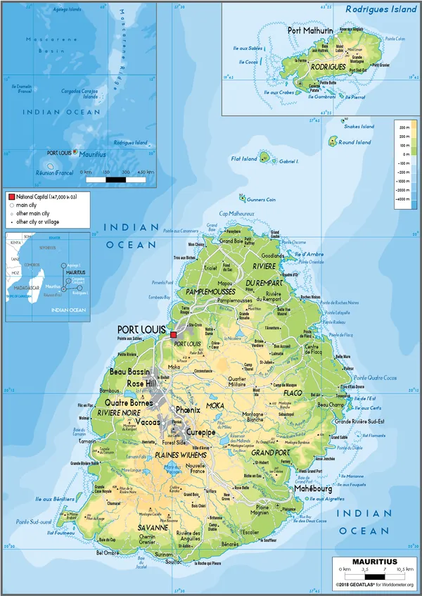 PHYSICAL Map of Mauritius