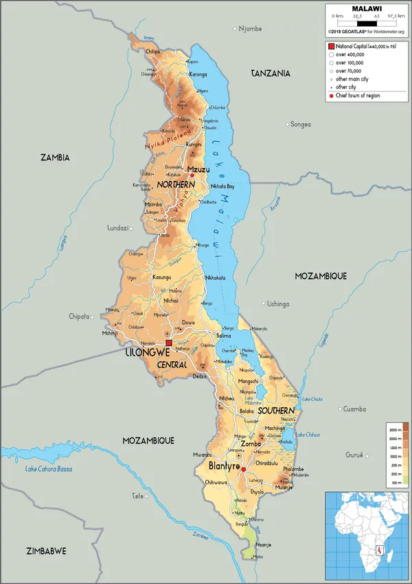 PHYSICAL Map of Malawi