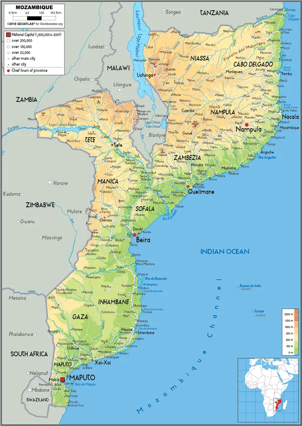 PHYSICAL Map of Mozambique