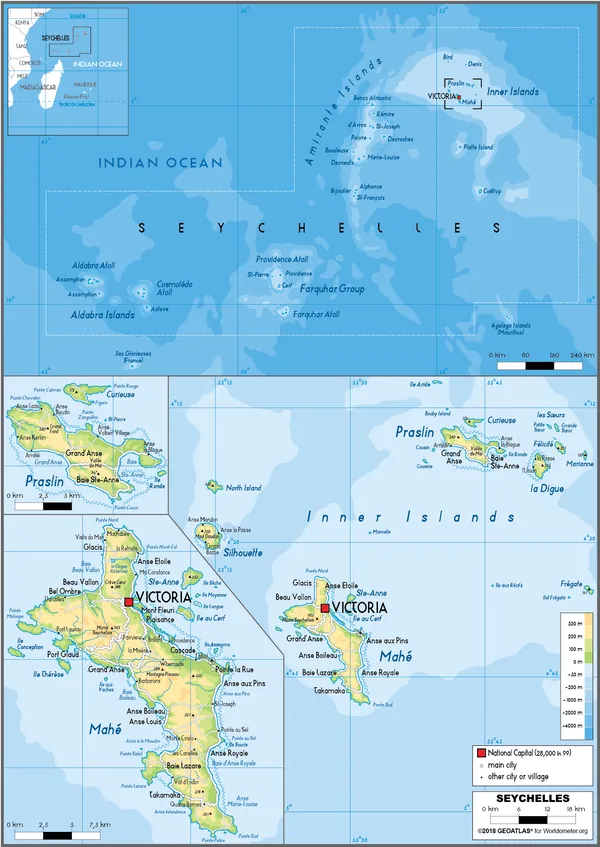 PHYSICAL Map of Seychelles