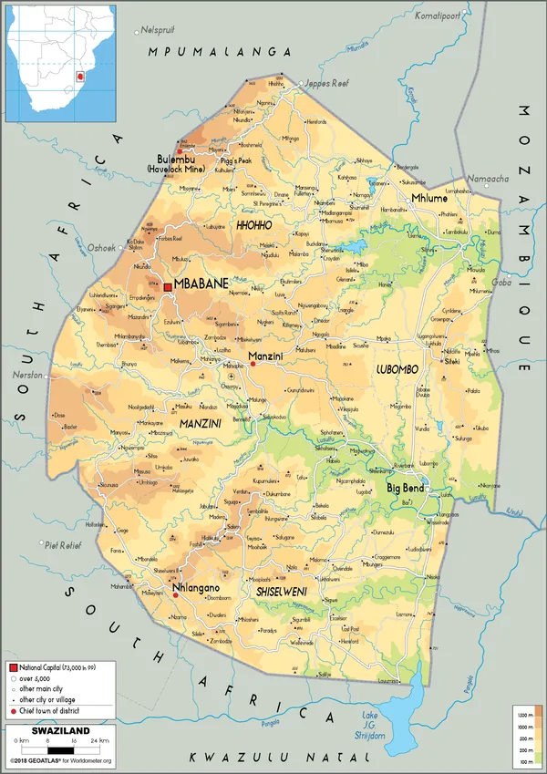 PHYSICAL Map of Eswatini