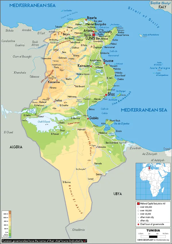 PHYSICAL Map of Tunisia