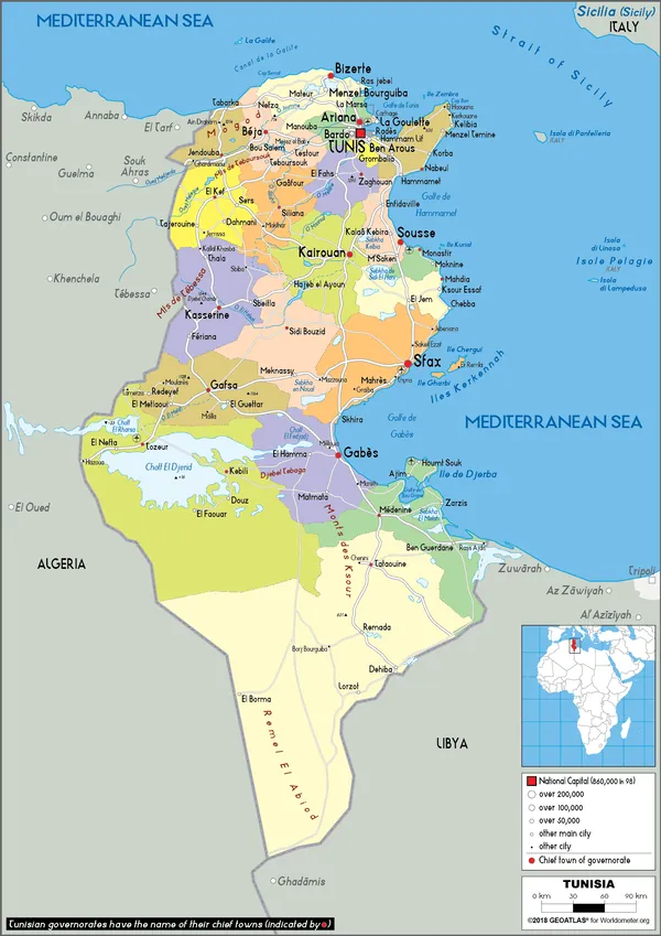 POLITICAL Map of Tunisia