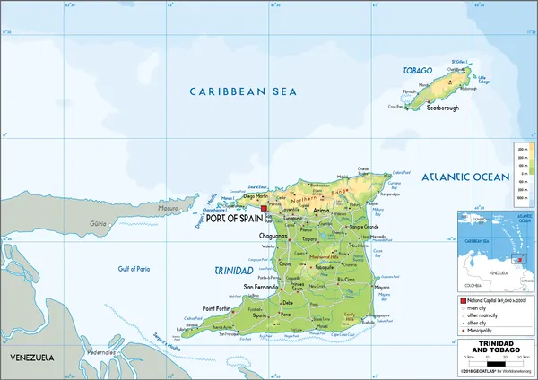 PHYSICAL Map of Trinidad and Tobago