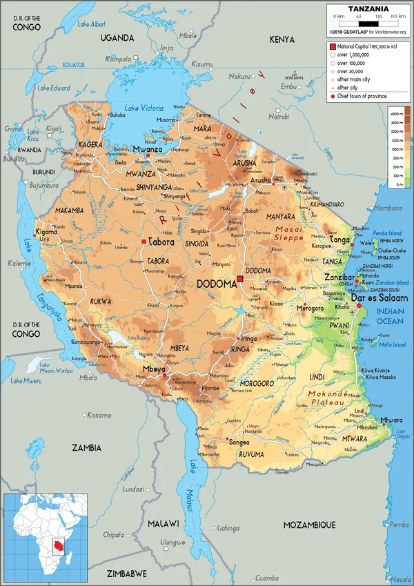 PHYSICAL Map of Tanzania