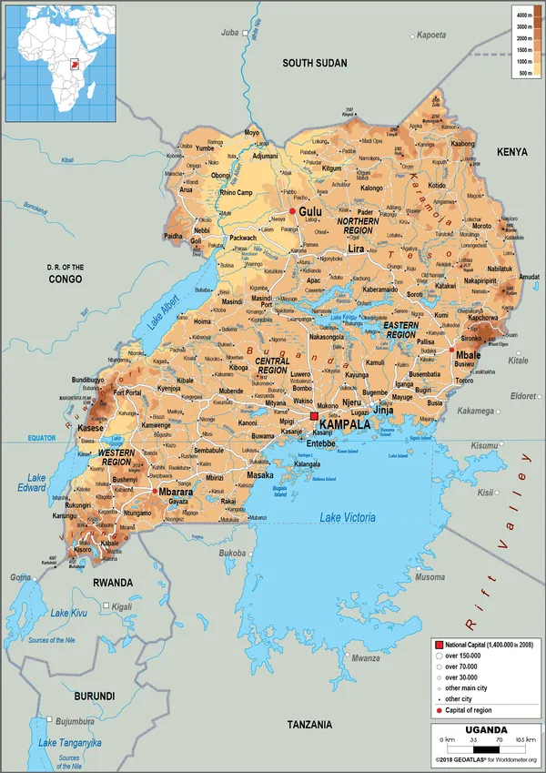 PHYSICAL Map of Uganda