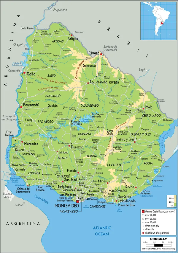 PHYSICAL Map of Uruguay