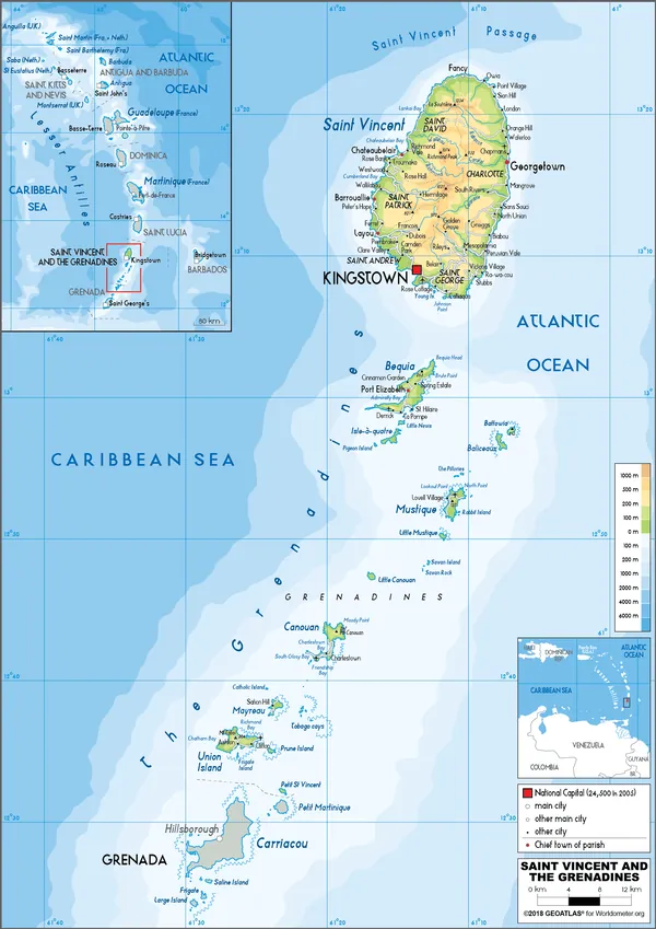 PHYSICAL Map of Saint Vincent and the Grenadines