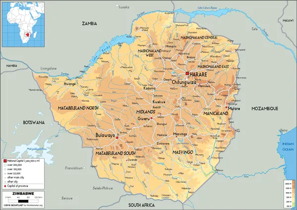 PHYSICAL Map of Zimbabwe