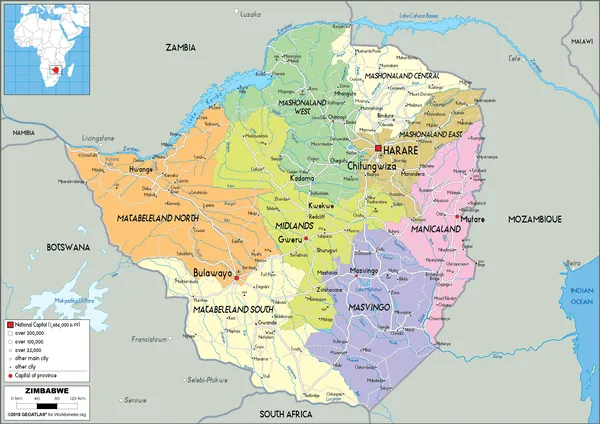 POLITICAL Map of Zimbabwe